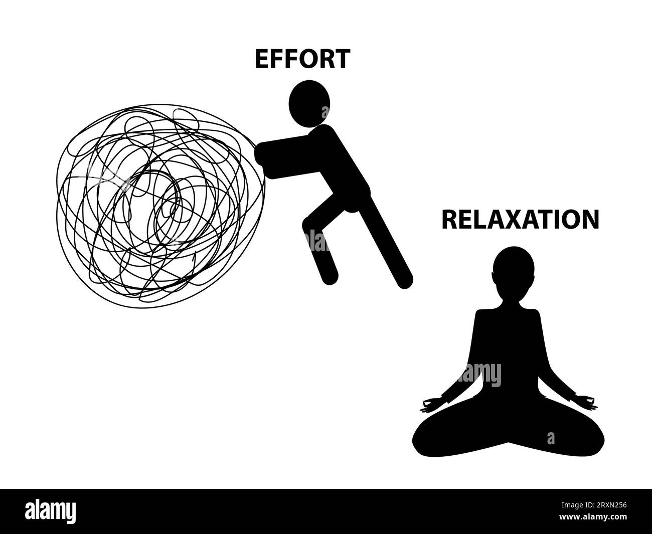 Homme poussant une balle désordonnée et femme méditant, effort et concept de relaxation Illustration de Vecteur