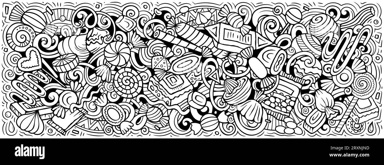 Dessin animé Canddies vecteur doodle illustration présente une variété d'objets et de symboles de nourriture sucrée. Image drôle fantaisiste esquissée. Illustration de Vecteur