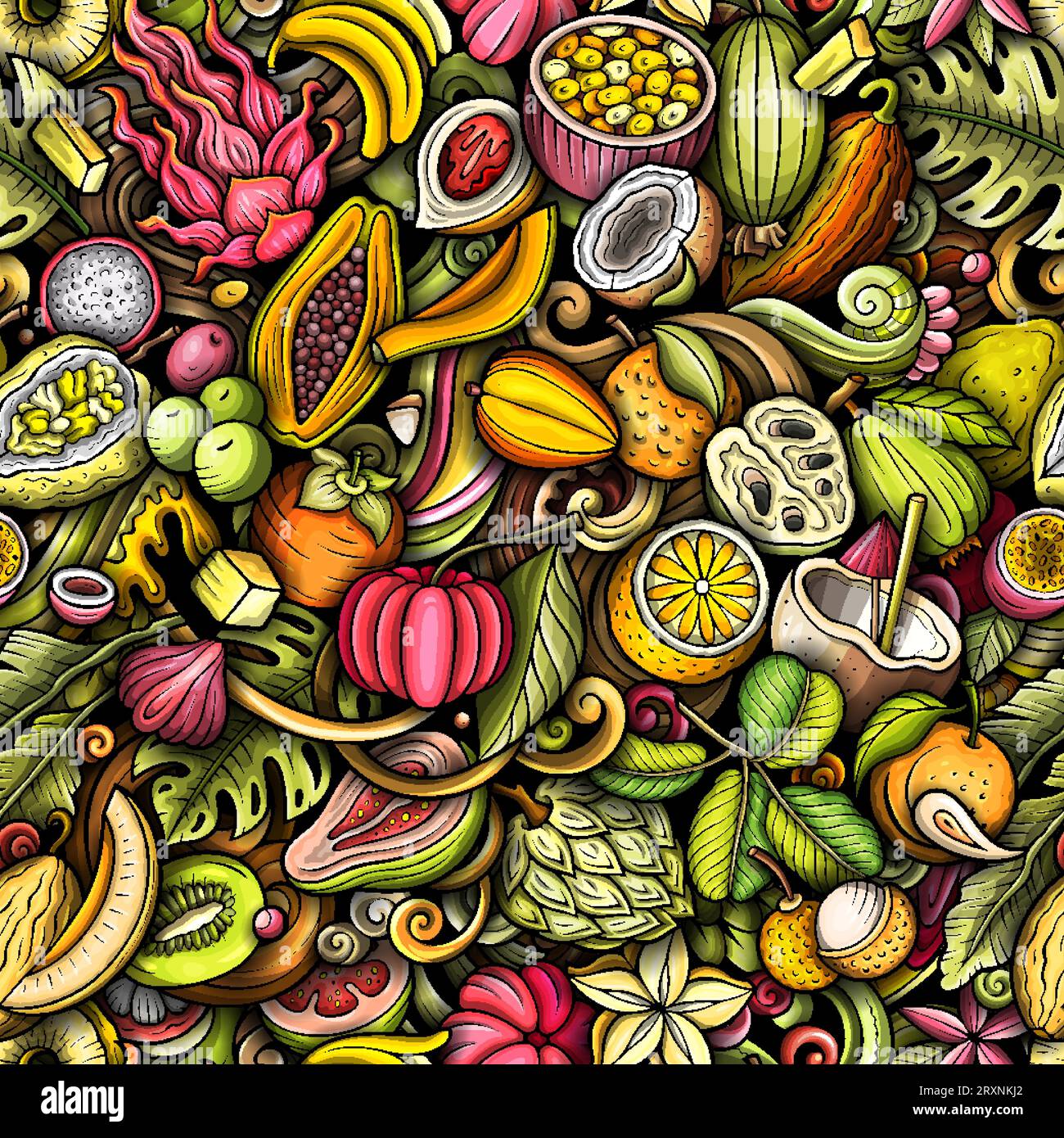 Dessin animé vecteur doodles sur le sujet des fruits exotiques Seamless motif présente une variété d'objets fruités tropicaux et de symboles. Fantaisie ludique c Illustration de Vecteur