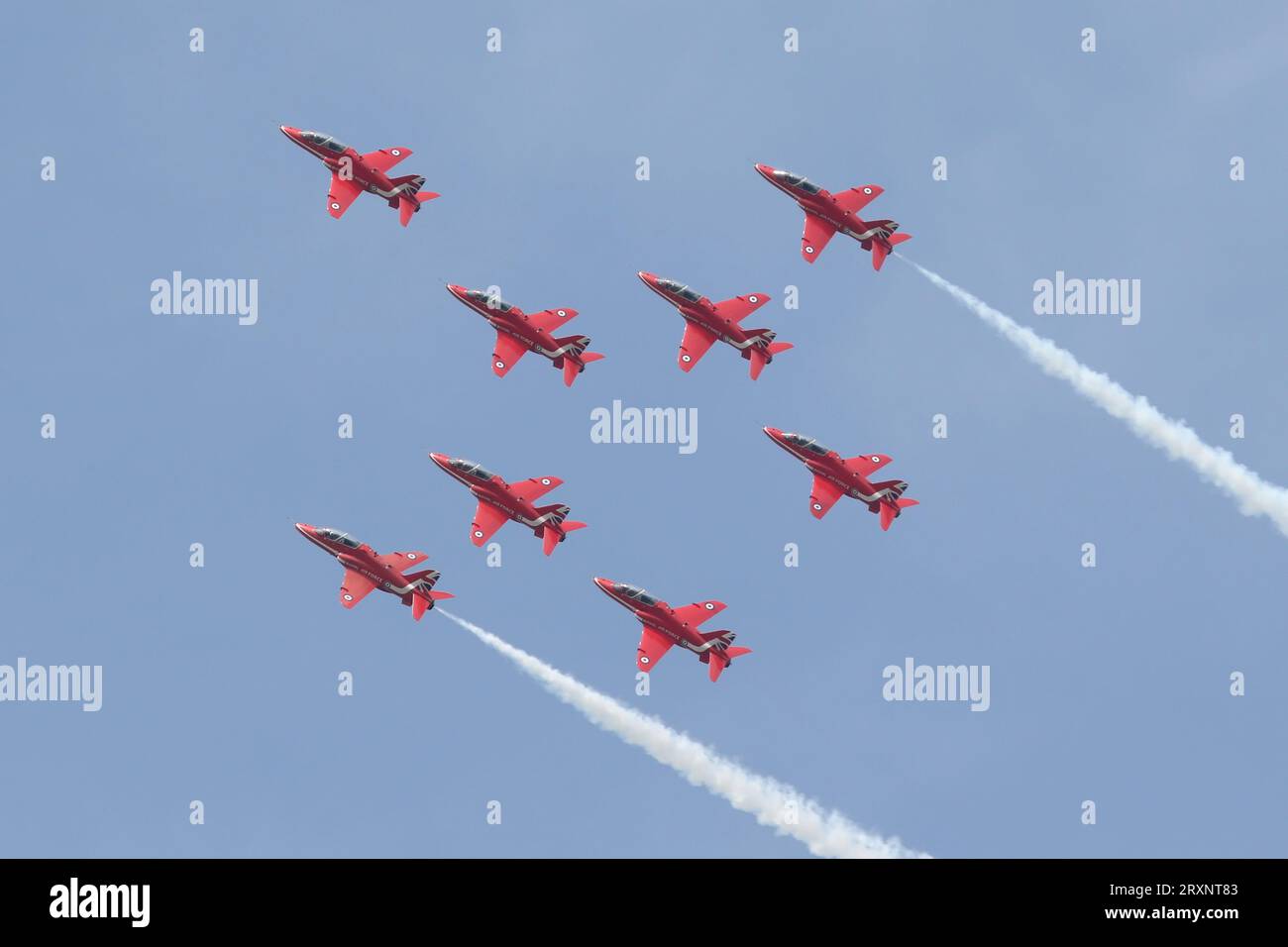 L'équipe aérienne de la Royal Air Force, les Red Arrows affichant l'aérodrome de Wattisham, Suffolk en août 2023. Banque D'Images