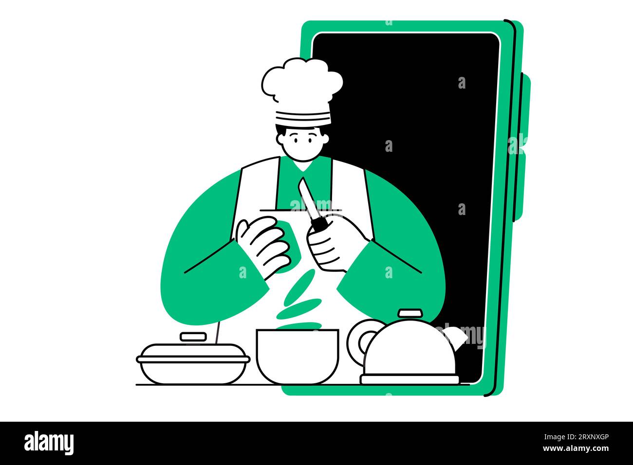 Cours d'instructeur de cuisine en direct chef regarder créer recette vidéo Smart phone vlog illustration Illustration de Vecteur