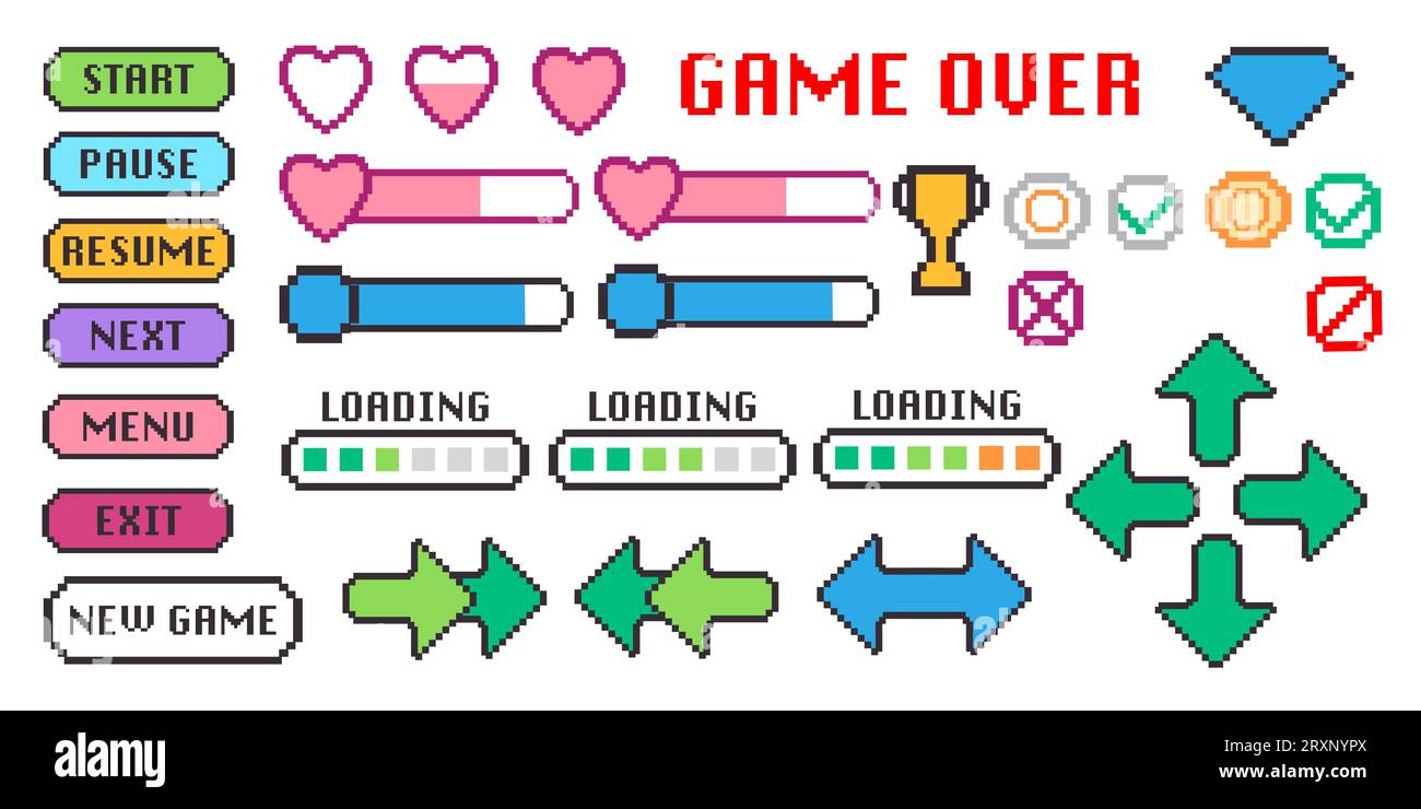 Interface d'icône de jeu vidéo d'arcade pixel 8 bits de collection de jeu graphique Illustration de Vecteur