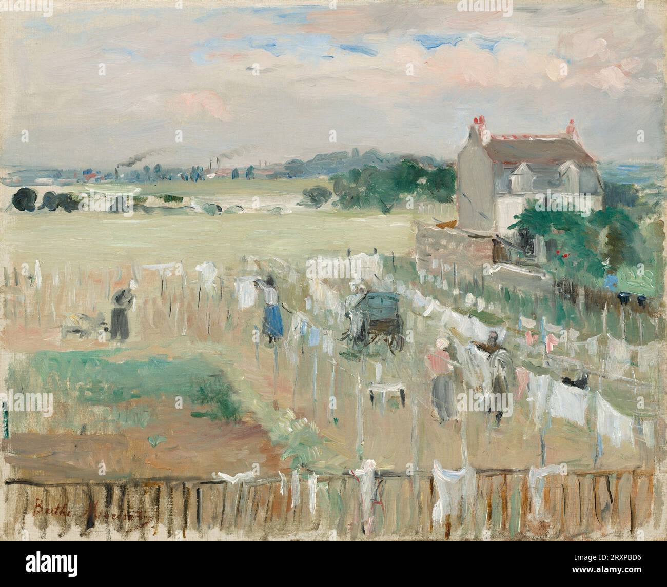 Titre : Hanging the Laundry Out to Dry artiste : Berthe Morisot Date : 1875 Moyen : huile sur toile Dimensions : 33 x 40,6 cm lieu : National Gallery of Art, Washington, D.C. contenu : une femme accrochant le linge à sécher sur une corde à linge. Coups de pinceau doux et couleurs délicates Banque D'Images