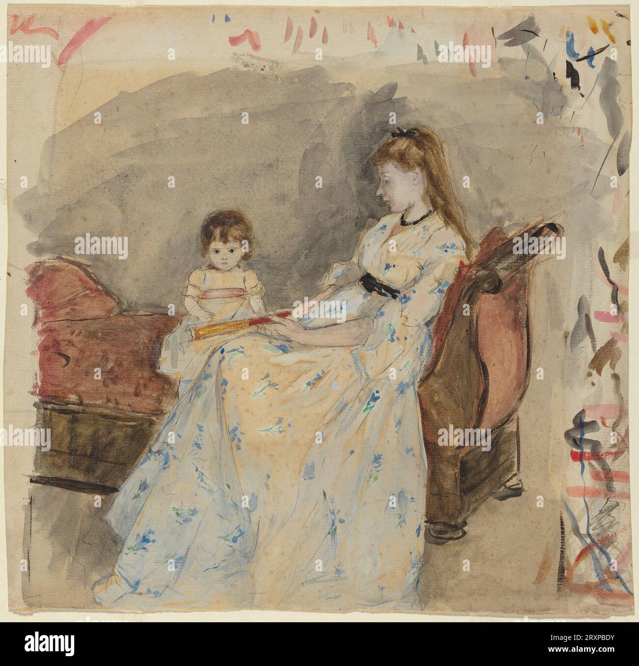 Titre : la sœur de l'artiste, EDMA, avec sa fille Jeanne Créateur : Berthe Morisot année : 1872 Dimensions : 25,1 x 25,9 cm moyenne : aquarelle sur graphite sur papier couché emplacement : National Gallery of Art, Washington, D.C. contenu: 'la sœur de l'artiste, EDMA, avec sa fille Jeanne' est une délicate aquarelle de Berthe Morisot, datant de 1872. Dans cette œuvre, Morisot dépeint sa sœur, EDMA, ainsi que la fille d'EDMA, Jeanne. La pièce dégage un sentiment d’intimité familiale et de tendresse maternelle. L'utilisation habile de l'aquarelle de Morisot capture la douceur et la qualité éthérée de Banque D'Images