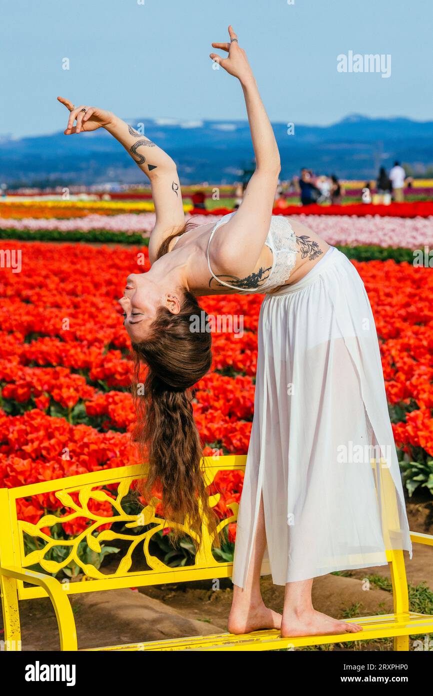 Brune aux cheveux longs se penchant vers l'arrière sur un banc devant un champ de tulipes Banque D'Images