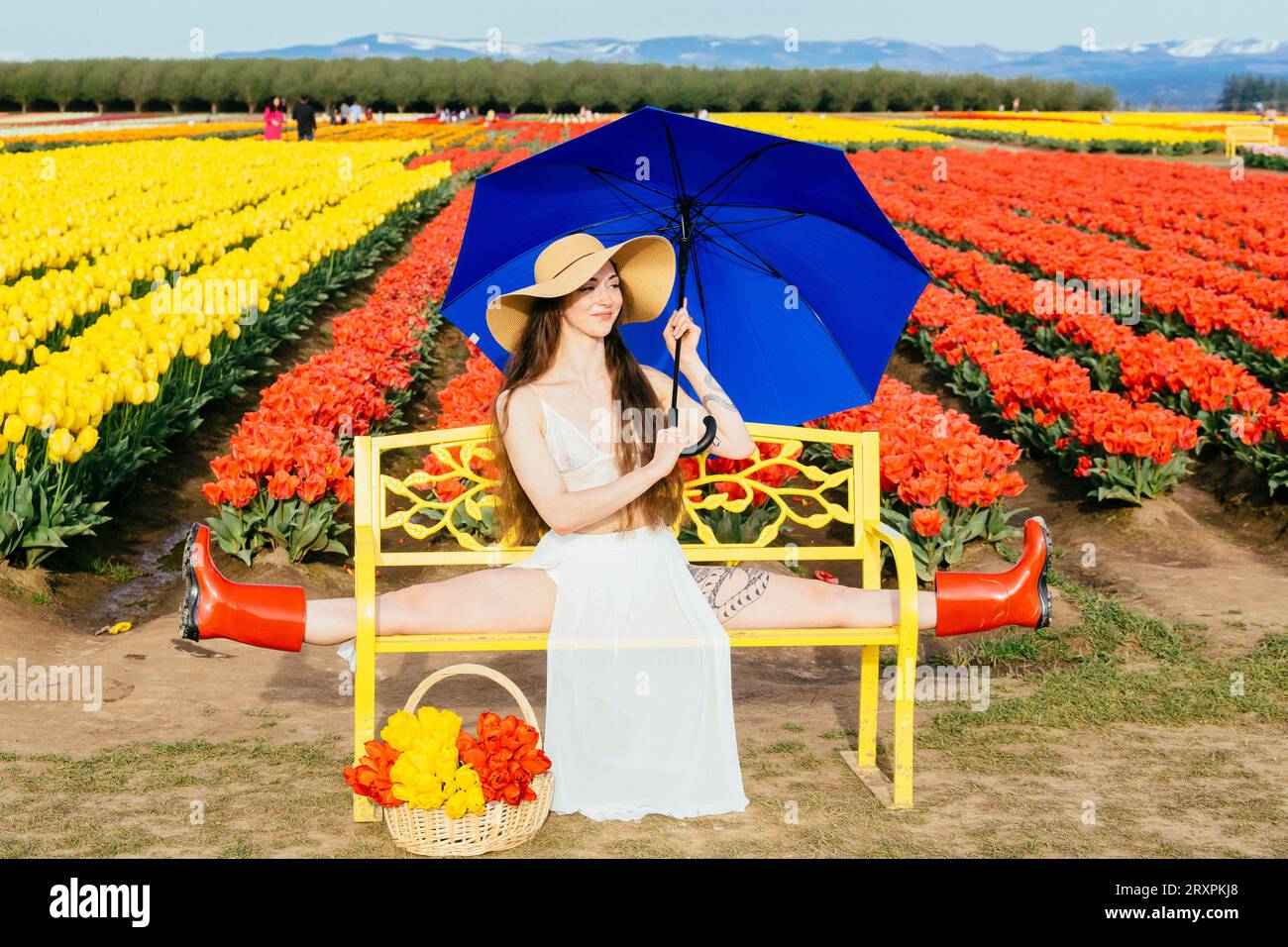 Brune aux cheveux longs se fendant sur le banc devant le champ de tulipes Banque D'Images