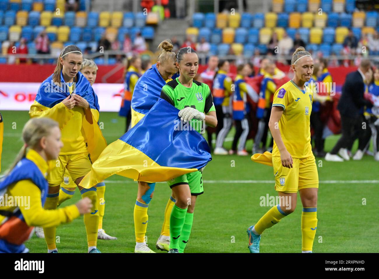 Gdynia, Pologne. 26 septembre 2023. GDYNIA, POLOGNE - 26 SEPTEMBRE 2023 - la gardienne Kateryna Samson (C) d'Ukraine est vue avant le match de la Ligue des nations féminines de l'UEFA Journée 2 Ligue B Groupe B3 contre la Pologne au Stadion Miejski W Gdyni, Gdynia, Pologne. Crédit : UKRINFORM/Alamy Live News Banque D'Images