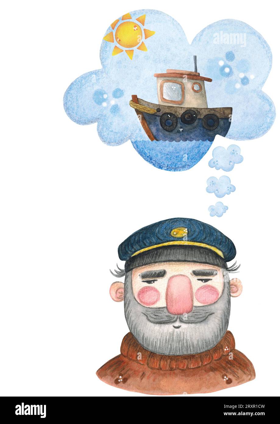 Illustration aquarelle, carte postale sur les rêves du capitaine de la mer sur fond blanc Banque D'Images