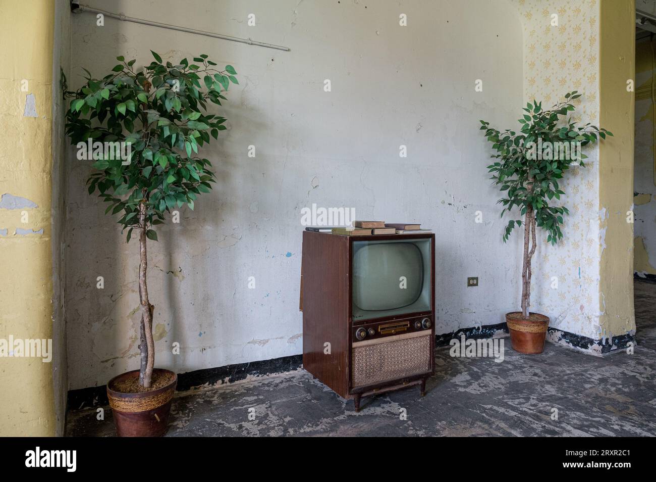 Chambre commune avec une télévision dans l'asile abandonné Trans Allegheny Lunatic, à Weston, Virginie-Occidentale Banque D'Images