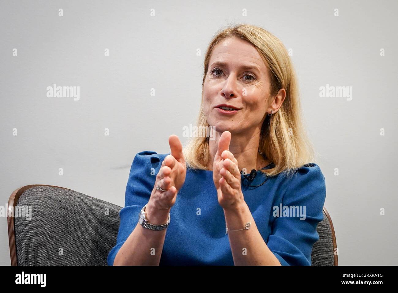 Tallinn, Estonie. 26 septembre 2023. Kaja Kallas, Premier ministre estonien, s'exprime dans une interview avec des journalistes de la Deutsche presse-Agentur. La conversation a eu lieu en marge de la conférence annuelle balte sur la défense. Crédit : Kay Nietfeld/dpa/Alamy Live News Banque D'Images