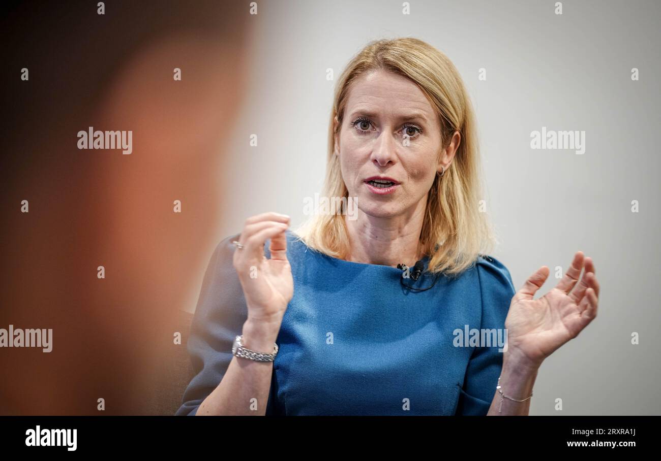 Tallinn, Estonie. 26 septembre 2023. Kaja Kallas, Premier ministre estonien, s'exprime dans une interview avec des journalistes de la Deutsche presse-Agentur. La conversation a eu lieu en marge de la conférence annuelle balte sur la défense. Crédit : Kay Nietfeld/dpa/Alamy Live News Banque D'Images