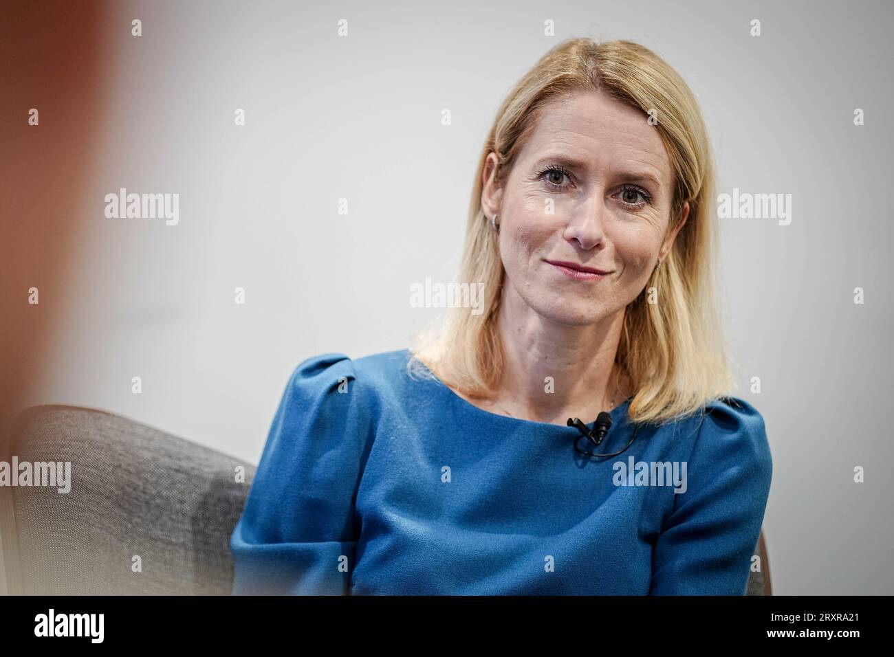 Tallinn, Estonie. 26 septembre 2023. Kaja Kallas, Premier ministre estonien, s'exprime dans une interview avec des journalistes de la Deutsche presse-Agentur. La conversation a eu lieu en marge de la conférence annuelle balte sur la défense. Crédit : Kay Nietfeld/dpa/Alamy Live News Banque D'Images