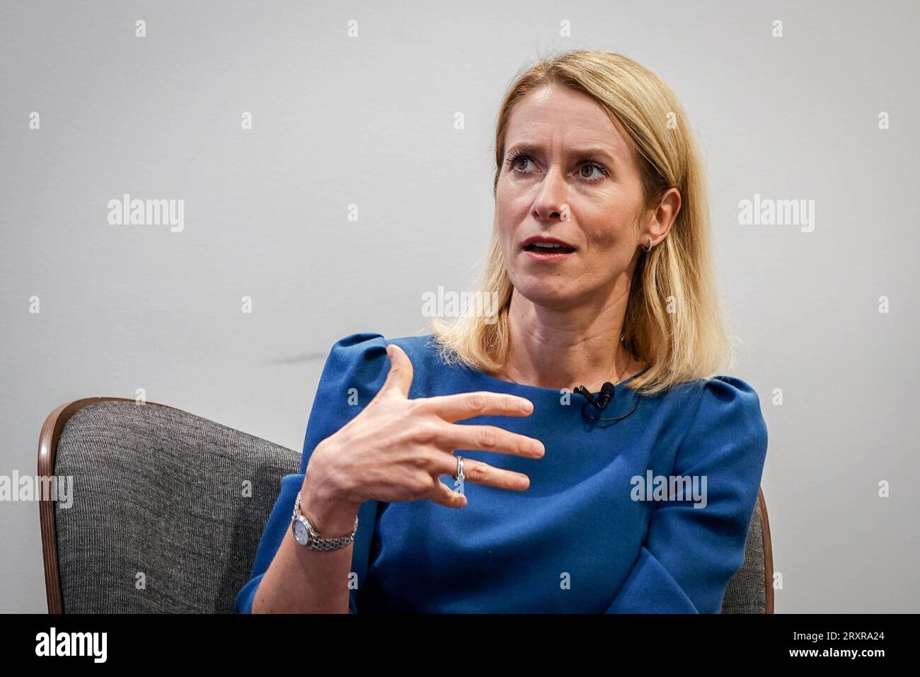 Tallinn, Estonie. 26 septembre 2023. Kaja Kallas, Premier ministre estonien, s'exprime dans une interview avec des journalistes de la Deutsche presse-Agentur. La conversation a eu lieu en marge de la conférence annuelle balte sur la défense. Crédit : Kay Nietfeld/dpa/Alamy Live News Banque D'Images