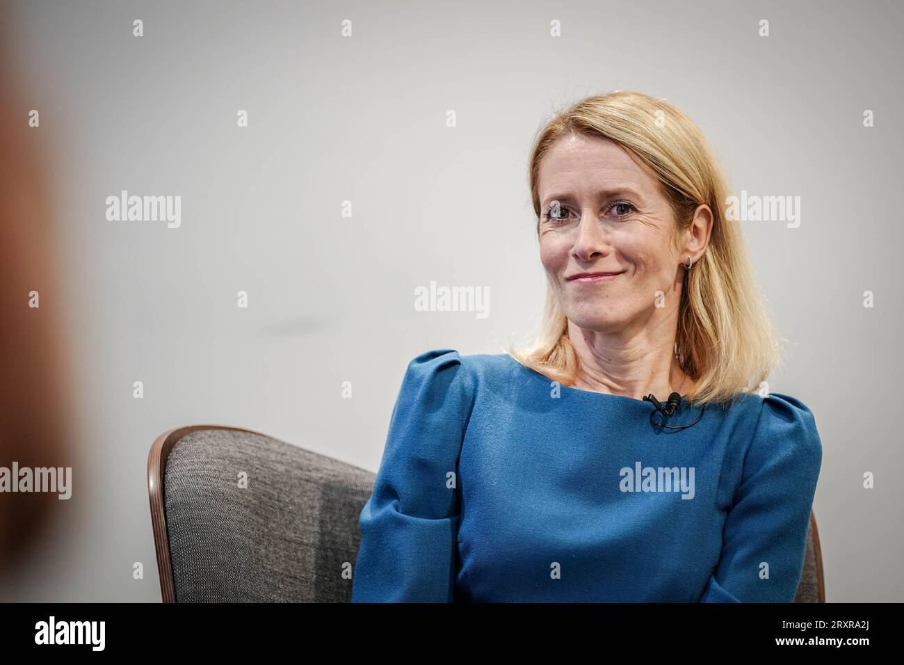 Tallinn, Estonie. 26 septembre 2023. Kaja Kallas, Premier ministre estonien, s'exprime dans une interview avec des journalistes de la Deutsche presse-Agentur. La conversation a eu lieu en marge de la conférence annuelle balte sur la défense. Crédit : Kay Nietfeld/dpa/Alamy Live News Banque D'Images