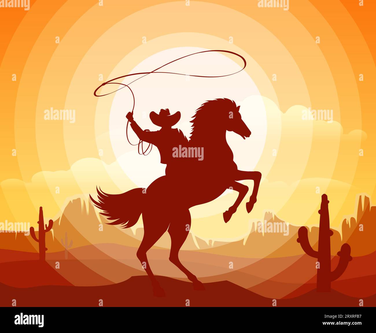 Cow-boy avec cheval de tour de lasso Illustration de Vecteur