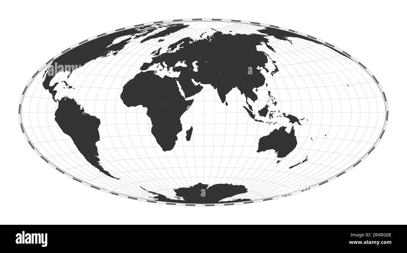 Carte du monde vectorielle. Projection de marteau. Carte géographique du monde simple avec des lignes de latitude et de longitude. Centré sur une longitude de 60 degrés W. Illustration vectorielle Illustration de Vecteur