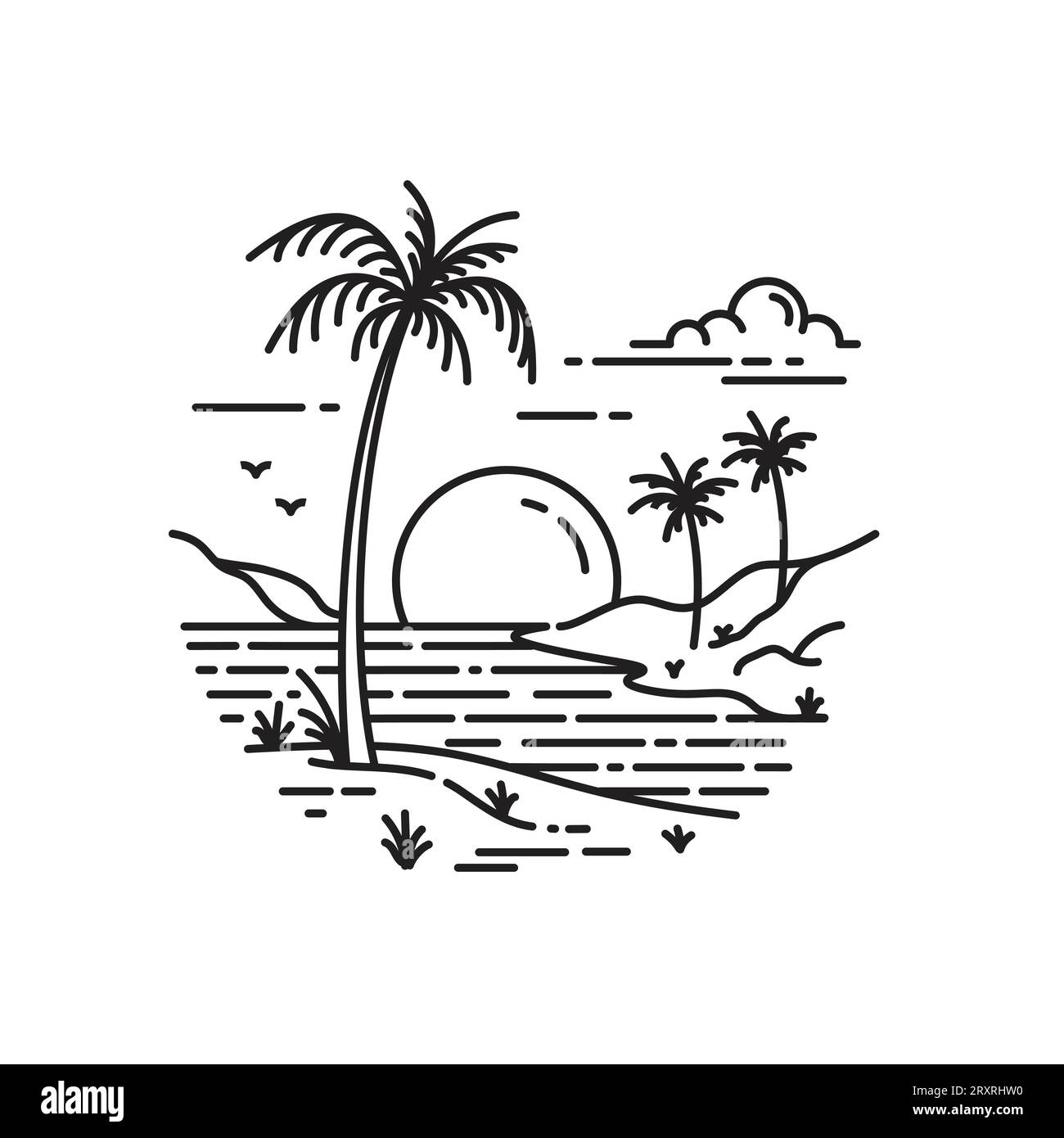 plage tropicale avec belle vue au coucher du soleil style art. illustration vectorielle Illustration de Vecteur