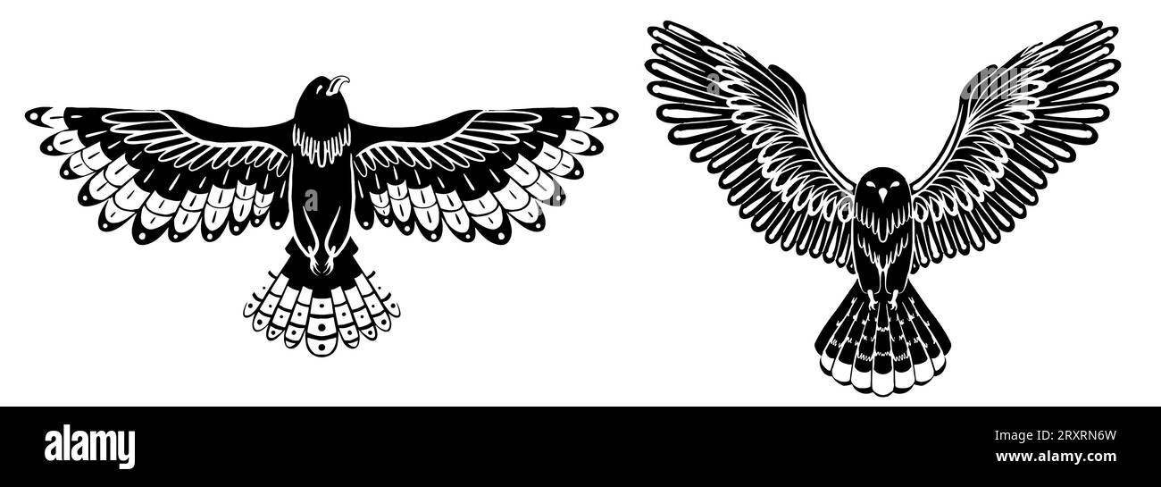Ensemble vectoriel d'oiseaux volants décoratifs de silhouette noire. Cliparts monochromes d'un hibou et d'un faucon avec des ailes écartées isolées de l'arrière-plan. Illustration de Vecteur