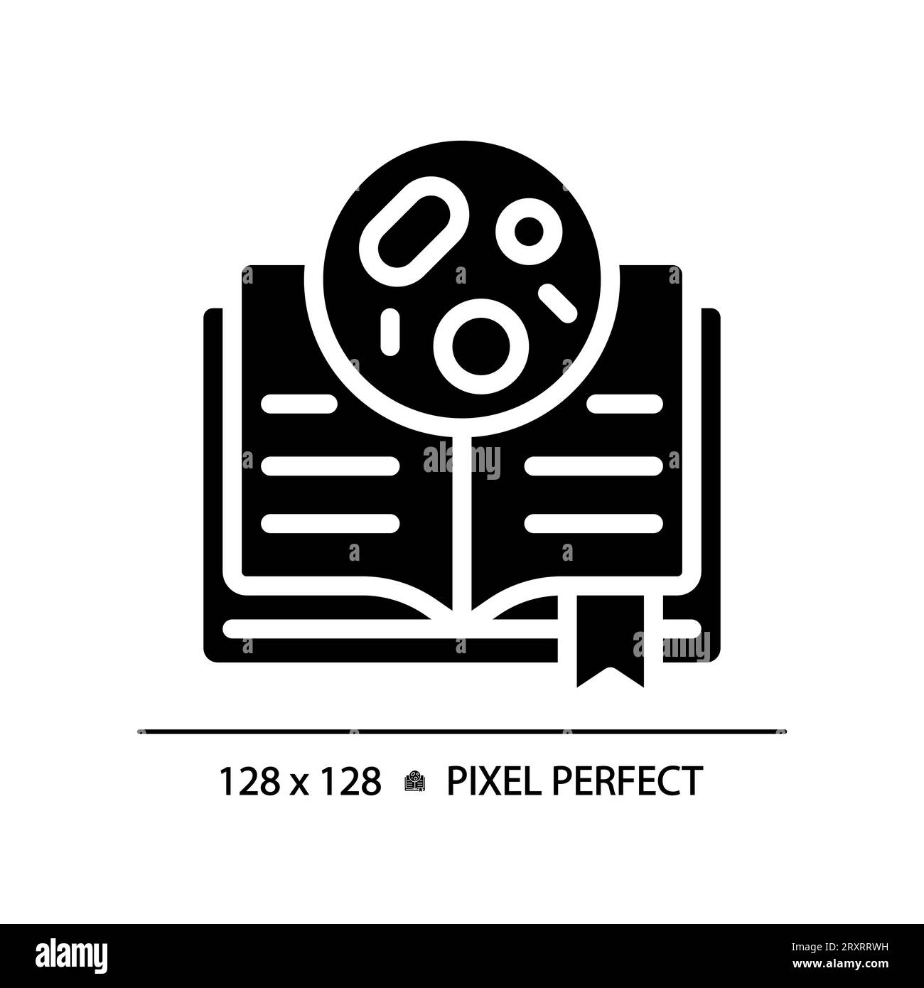 Livre noir de style glyphe 2D avec l'icône simple de bactéries Illustration de Vecteur