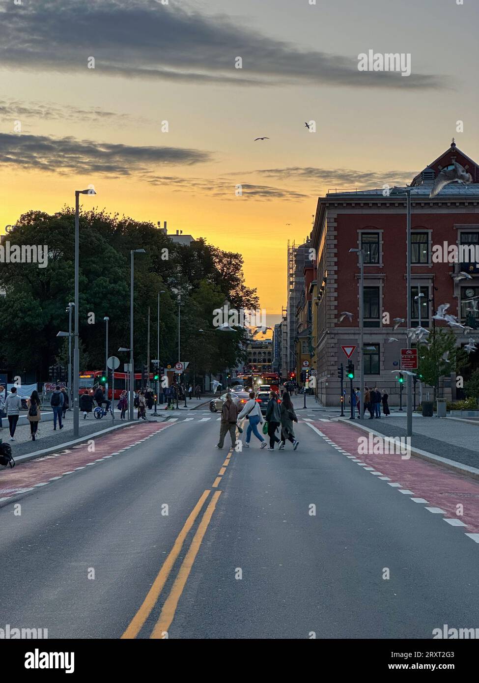 Photographie de rue d'Oslo, Norvège. Coucher de soleil au milieu de la ville avec des rayures jaunes sur la route. Banque D'Images