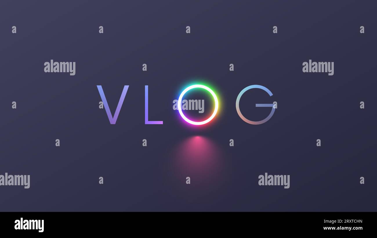 Vecteur de mot vlog vecteur d'icône. Vlog texte avec néon LED RGB lettre d'anneau o dans la lampe d'anneau d'image pour flux vidéo et blog vidéo. Écran de démarrage avec titre l Illustration de Vecteur