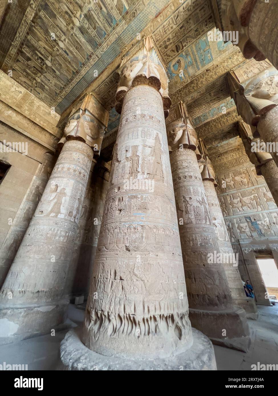 Colonnes à l'intérieur de la salle hypostyle, Temple de Hathor, complexe de Temple de Dendera, Dendera, Egypte, Afrique du Nord, Afrique Banque D'Images