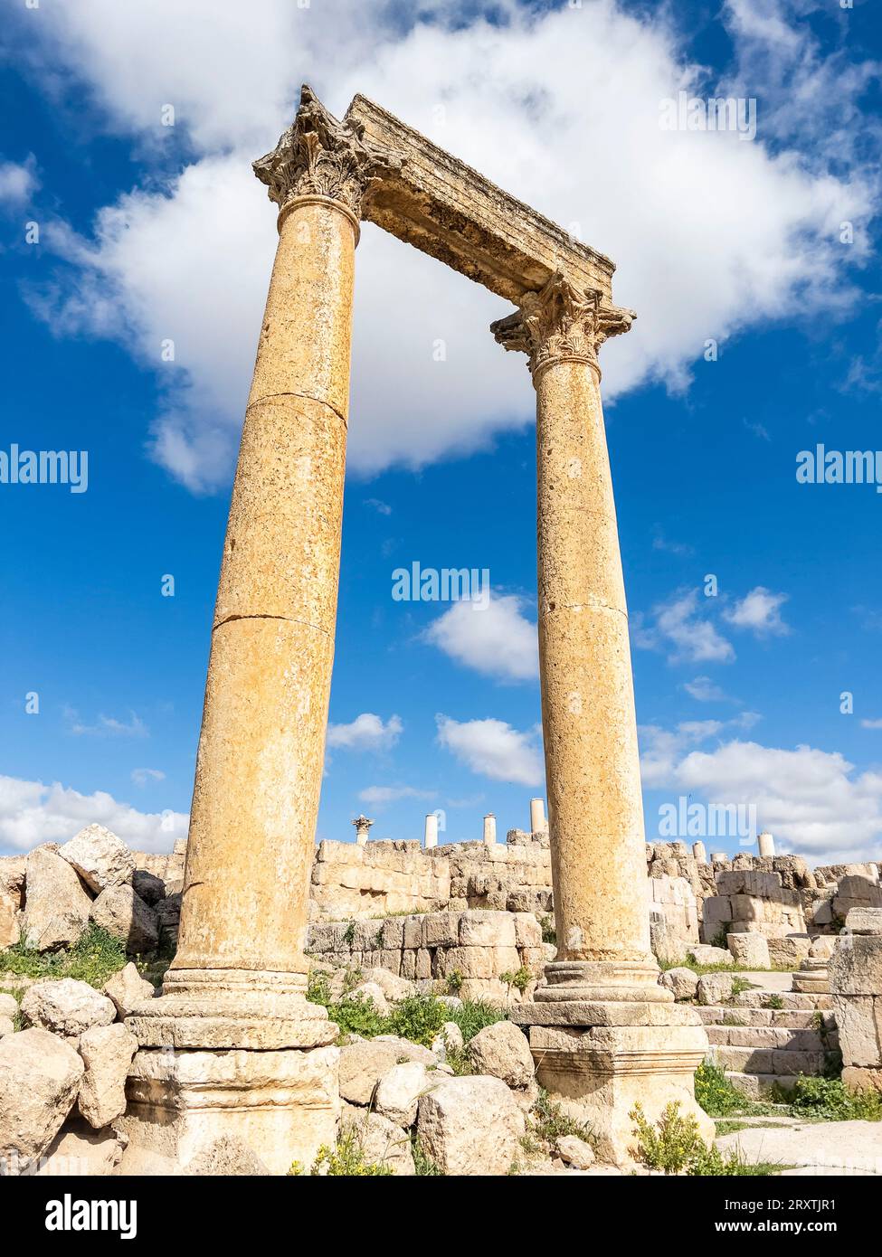 Colonnes de la place ovale dans l'ancienne ville de Jerash, qui aurait été fondée en 331 av. J.-C. par Alexandre le Grand, Jerash, Jordanie, Moyen-Orient Banque D'Images
