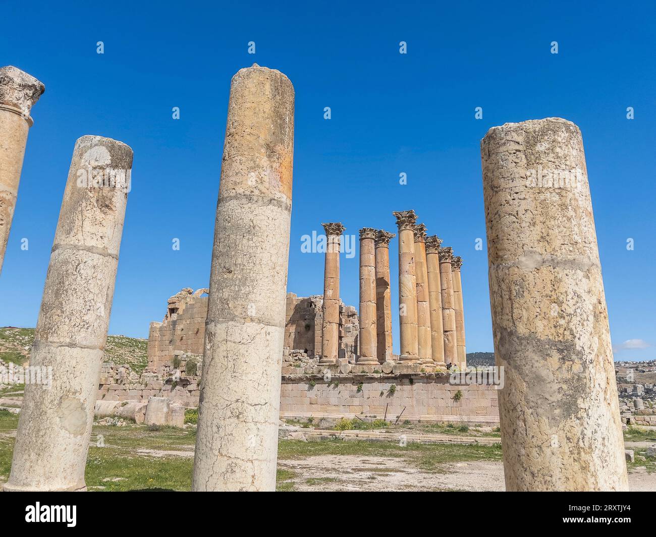 Des colonnes encadrent un bâtiment dans l'ancienne ville de Jerash, qui aurait été fondée en 331 av. J.-C. par Alexandre le Grand, Jerash, Jordanie, Moyen-Orient Banque D'Images