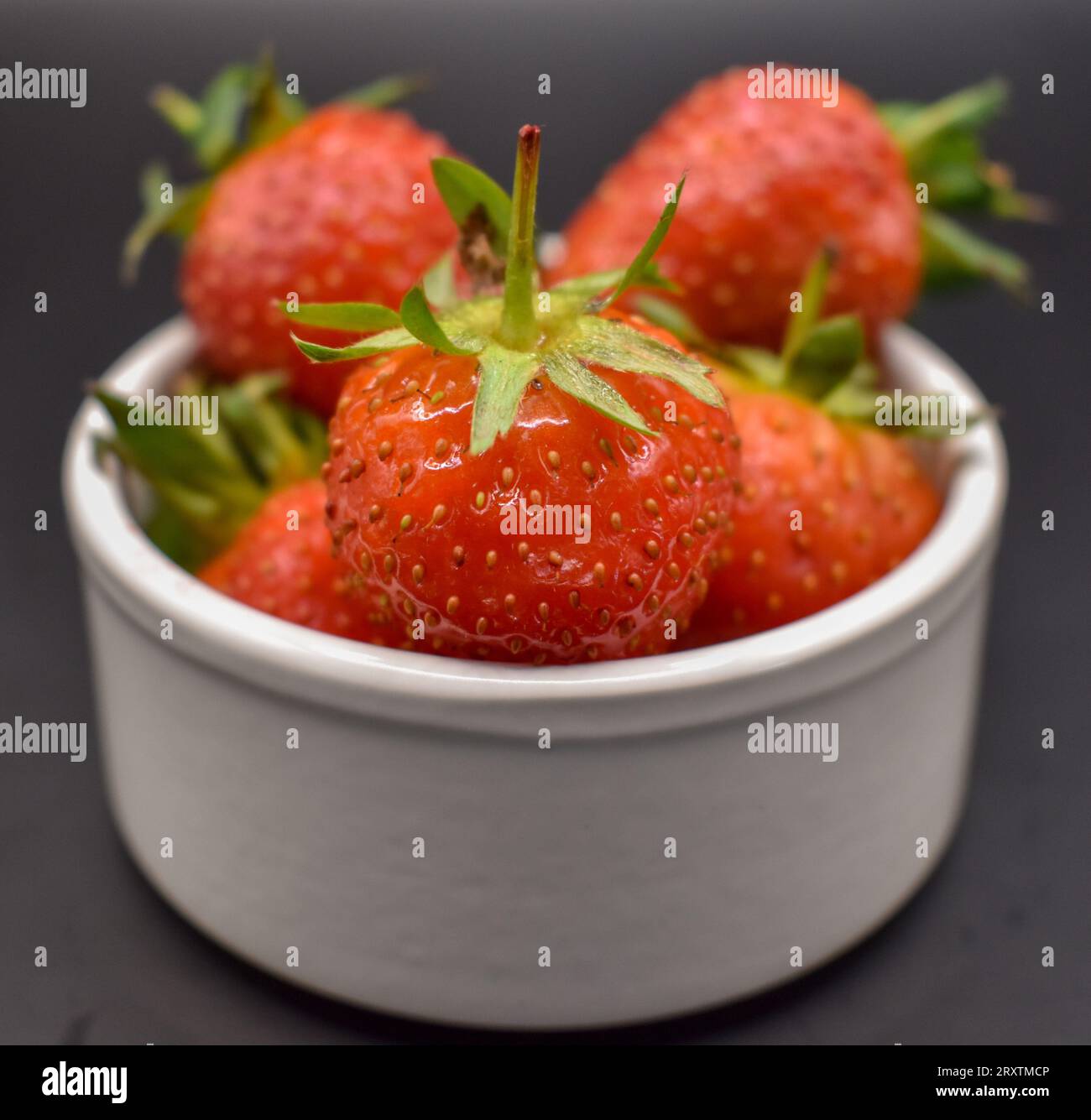 Un petit bol blanc contenant des fraises rouges juteuses photographiées sur un fond sombre. Banque D'Images
