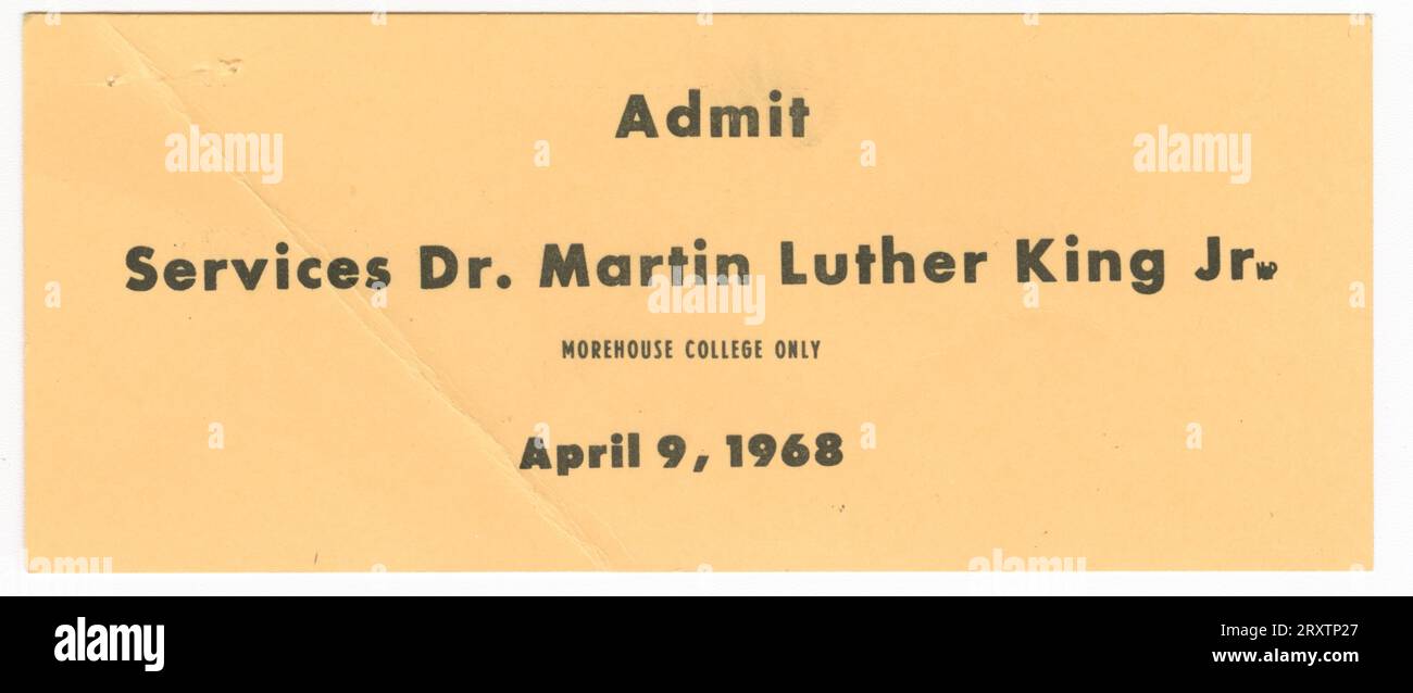 Un billet d'entrée aux services funéraires satellites pour le Dr Martin Luther King, Jr. Au Morehouse College. Banque D'Images