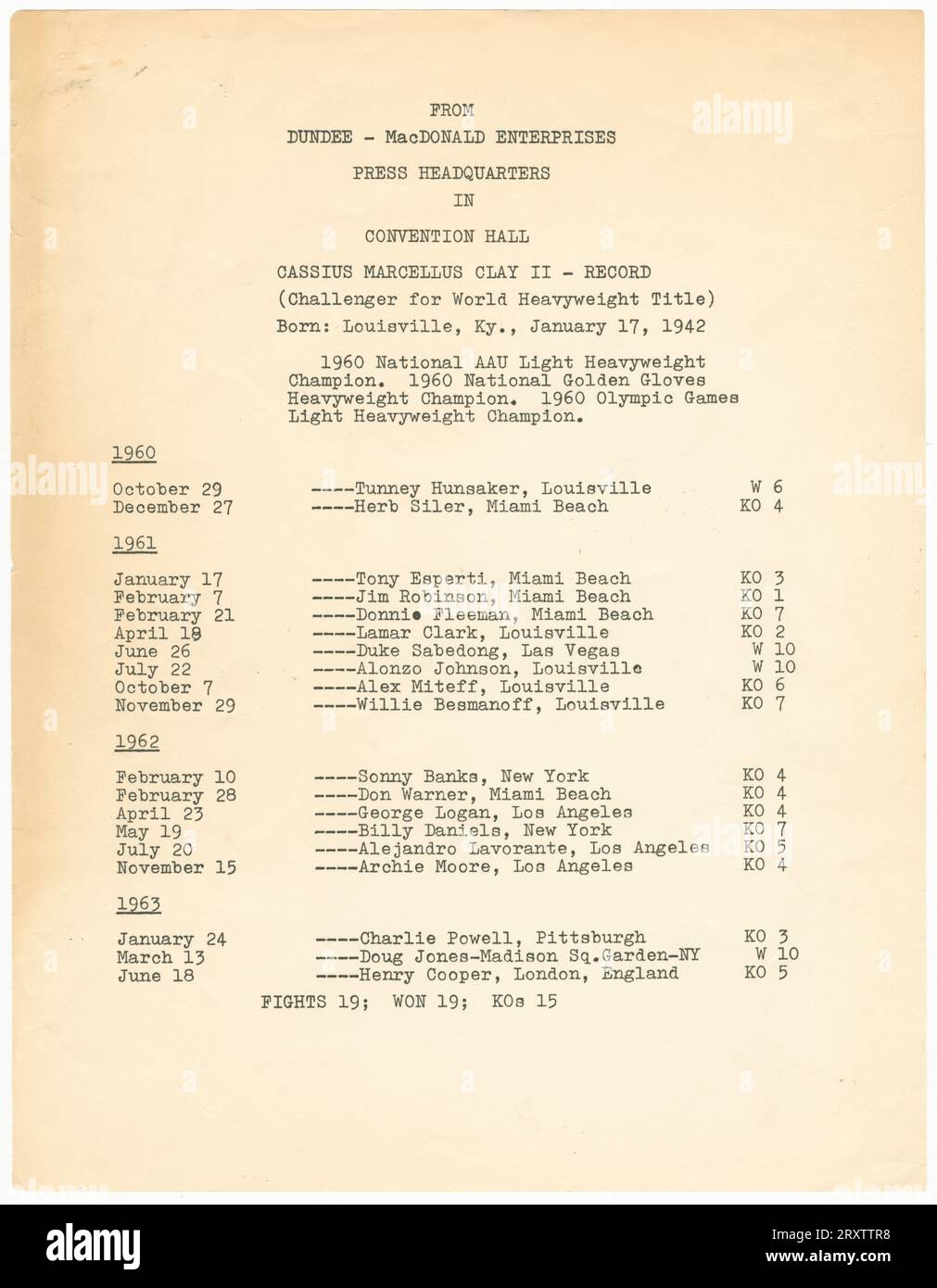 Document listant le record de victoire-défaite de Cassius Clay en février 1964 Banque D'Images