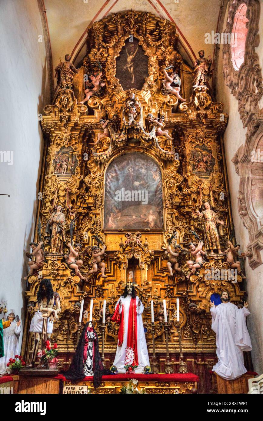 Retable, style baroque espagnol du 18e siècle, église Santa Prisca de Taxco, fondée en 1751, site du patrimoine mondial de l'UNESCO, Taxco, Guerrero, Mexique Banque D'Images