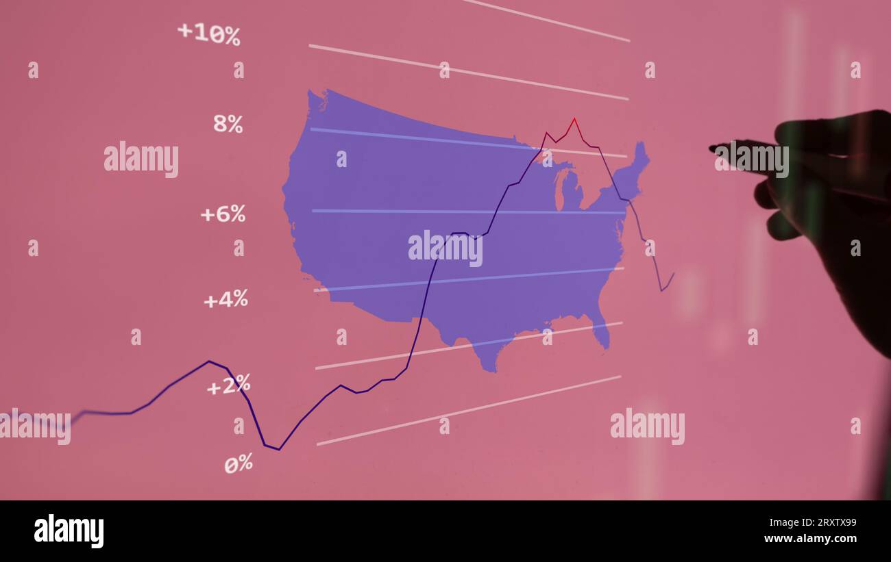 Hausse des prix aux États-Unis. Courbe d'inflation américaine sur un appareil. au premier plan une silhouette floue. Banque D'Images