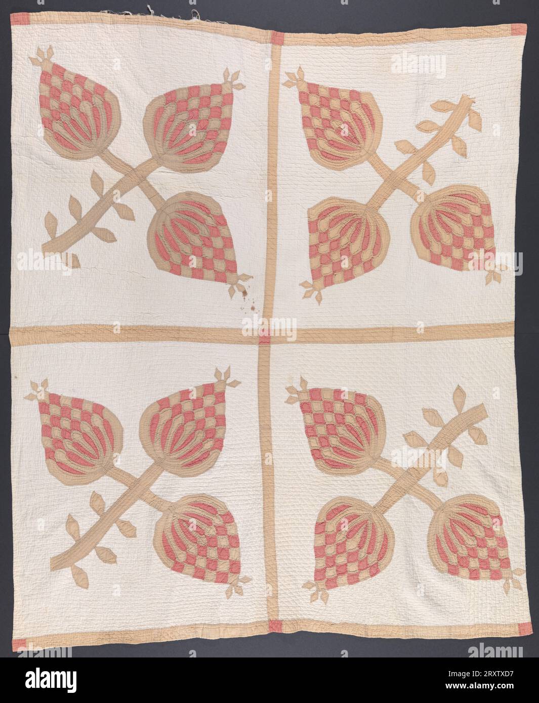 Couvre-lit matelassé rouge et vert appliqué fait par Lydia Hardiman pour sa fille Lucy Hardiman Roundtree. Quatre (4) blocs répétitifs représentant des fruits d'ananas stylisés en coton rouge rayé et vert Uni sur un sol blanc sont séparés par des rayures vertes et des carrés rouges dans les coins. La collision apparaît également sur deux arêtes extérieures du dessus. Le dessin de l'ananas se compose d'une tige feuillue avec trois (3) grands fruits s'étendant de la tige. Les blocs ne sont pas orientés dans la même direction. Les blocs sont appliqués à la main et piqués à la main avec du fil de coton blanc. Il y a de la batt de coton Banque D'Images