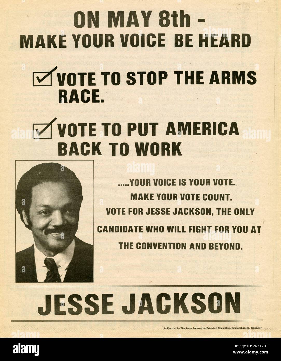 Encart de quatre pages décrivant la plate-forme présidentielle de Jesse Jackson en 1984 et les promesses de campagne. Créé par le Comité de campagne présidentielle de Jesse Jackson. Banque D'Images