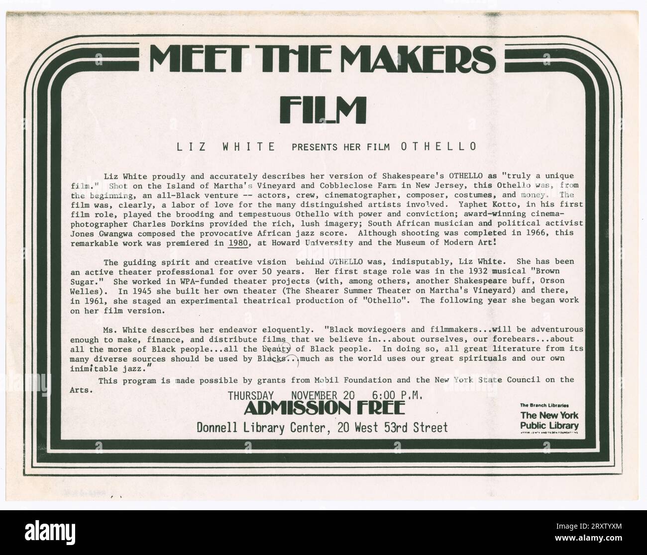Une annonce ou un dépliant pour un programme public à la Bibliothèque publique de New York. Liz White présentera son adaptation cinématographique de 'Othello'. Banque D'Images