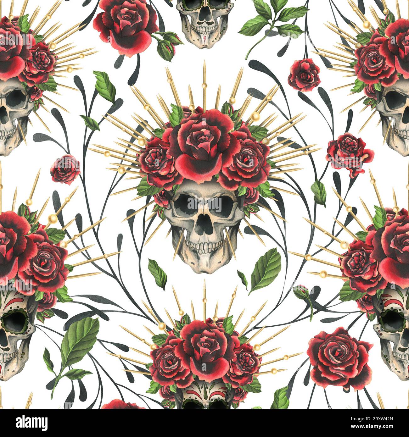 Crânes humains avec un ornement, roses rouges dans une couronne dorée, branches. Illustration aquarelle dessinée à la main pour Halloween, jour des morts, Dia de los Banque D'Images