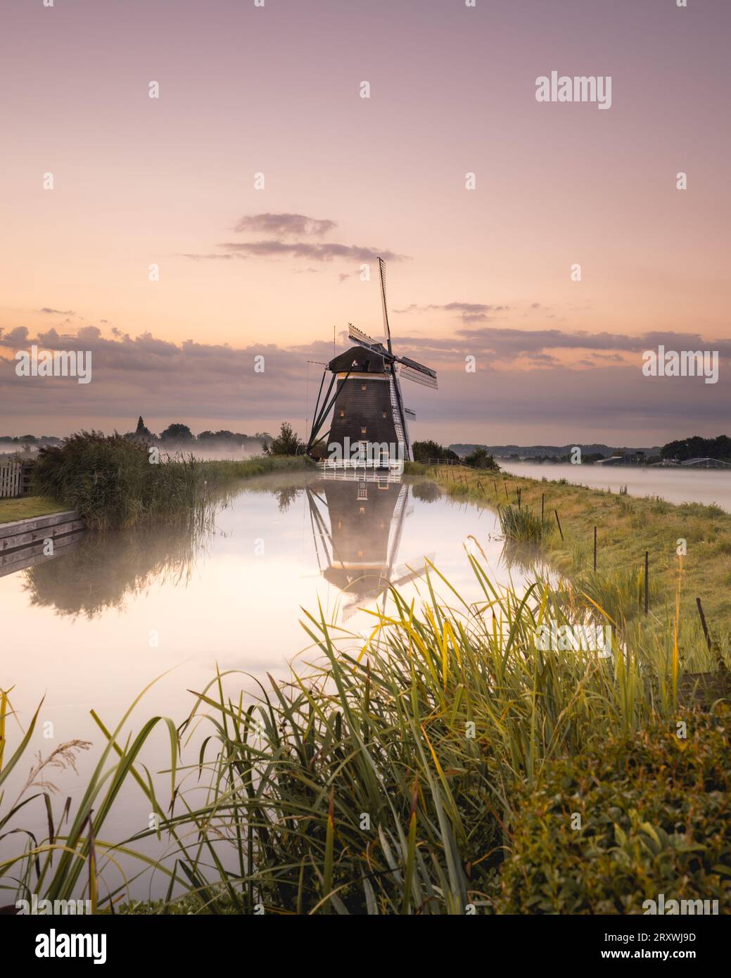 Reflet du moulin à vent à Stompwijk, pays-Bas. Banque D'Images