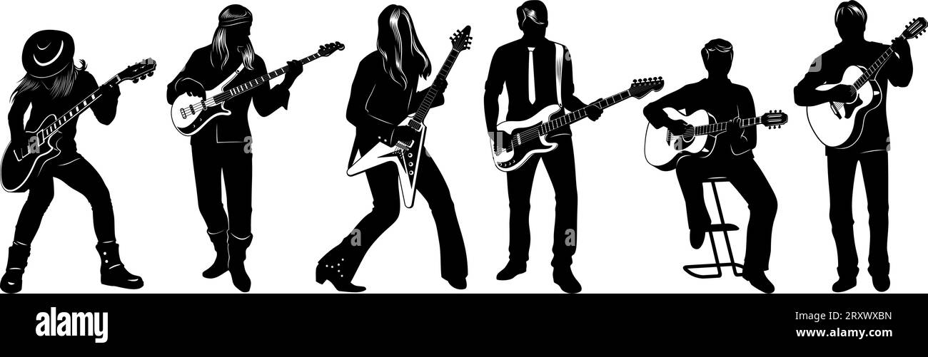 Guitaristes Silhouette Set. Hommes jouant sur guitares électriques et acoustiques. Cliparts vectorielles isolées sur blanc. Illustration de Vecteur