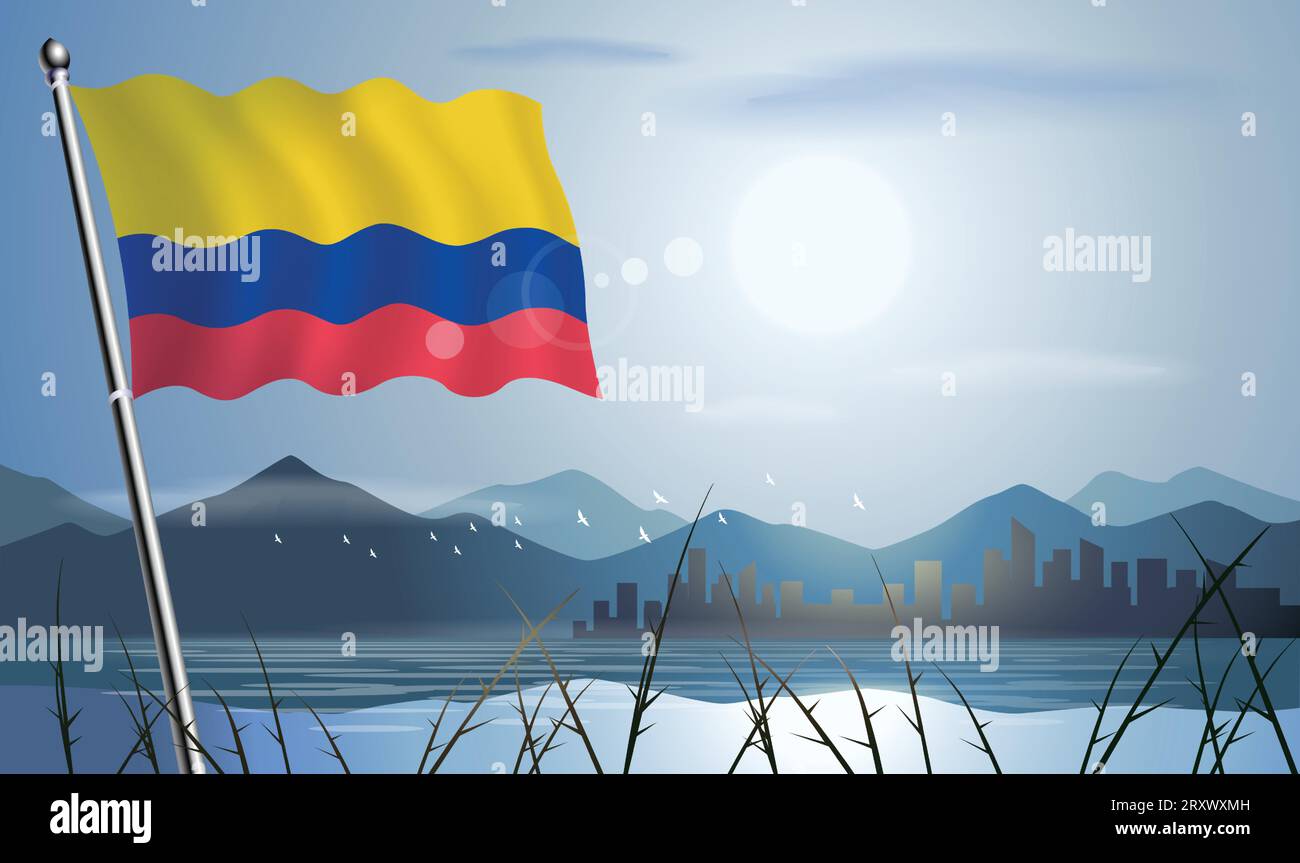 Drapeau de Colombie avec fond de soleil de montagnes et de lacs Illustration de Vecteur