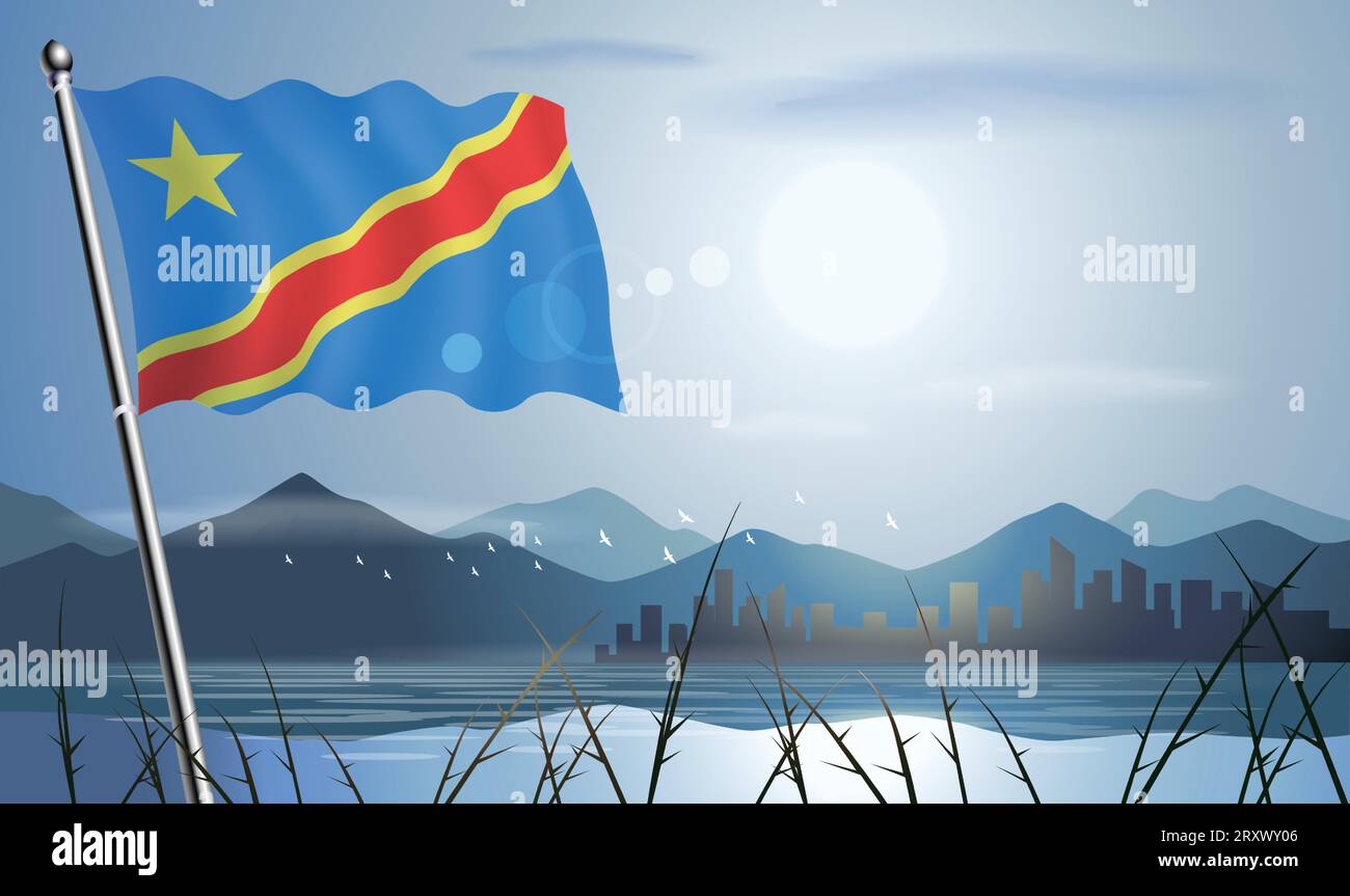 Drapeau du Congo avec fond de soleil de montagnes et de lacs Illustration de Vecteur