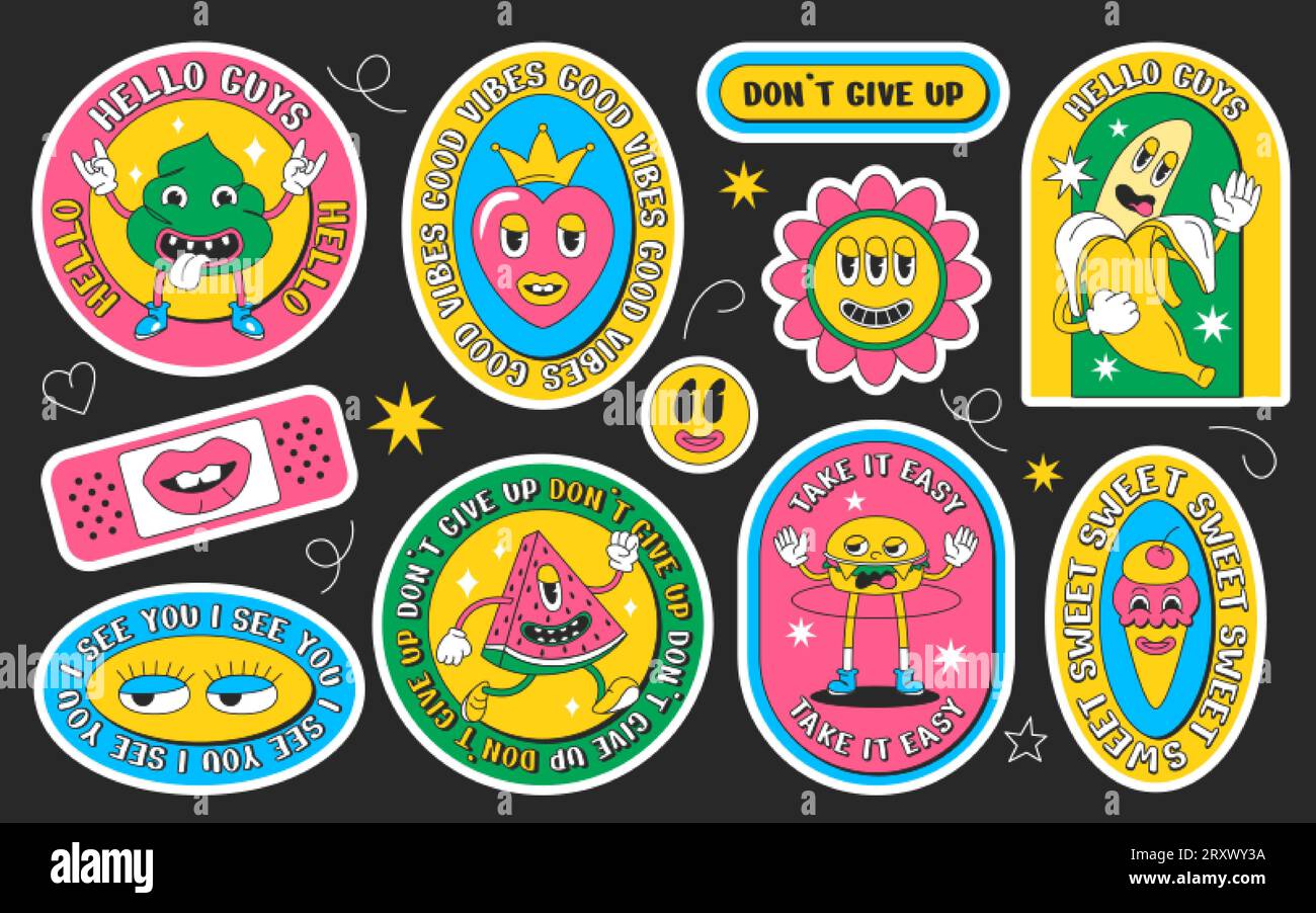 Autocollants groovy de dessin animé psychédélique dans un style rétro. Étiquette ou badge de personnages à la mode avec des visages drôles. Symboles hippy dans un design contemporain isolé sur fond noir. Illustration du jeu de vecteurs. Illustration de Vecteur