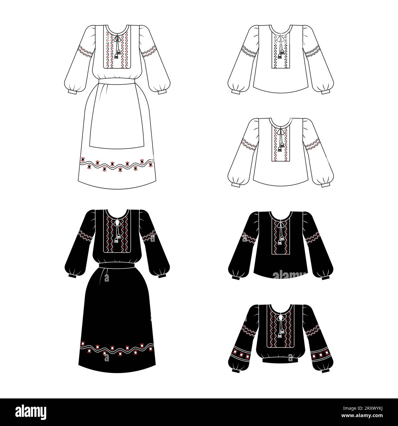Chemises brodées et croquis de robes, ensemble d'icônes linéaires nationales ukrainiennes de robe. Illustration vectorielle isoler sur blanc Illustration de Vecteur