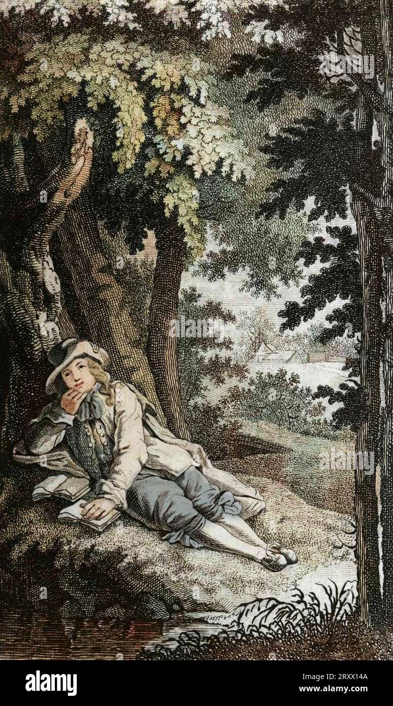 Le philosophe allemand Gottfried Wilhelm Leibniz (1646-1716) dans le parc forestier de Rosenthal à Leipzig, gravure, Allemagne, 18e siècle Banque D'Images