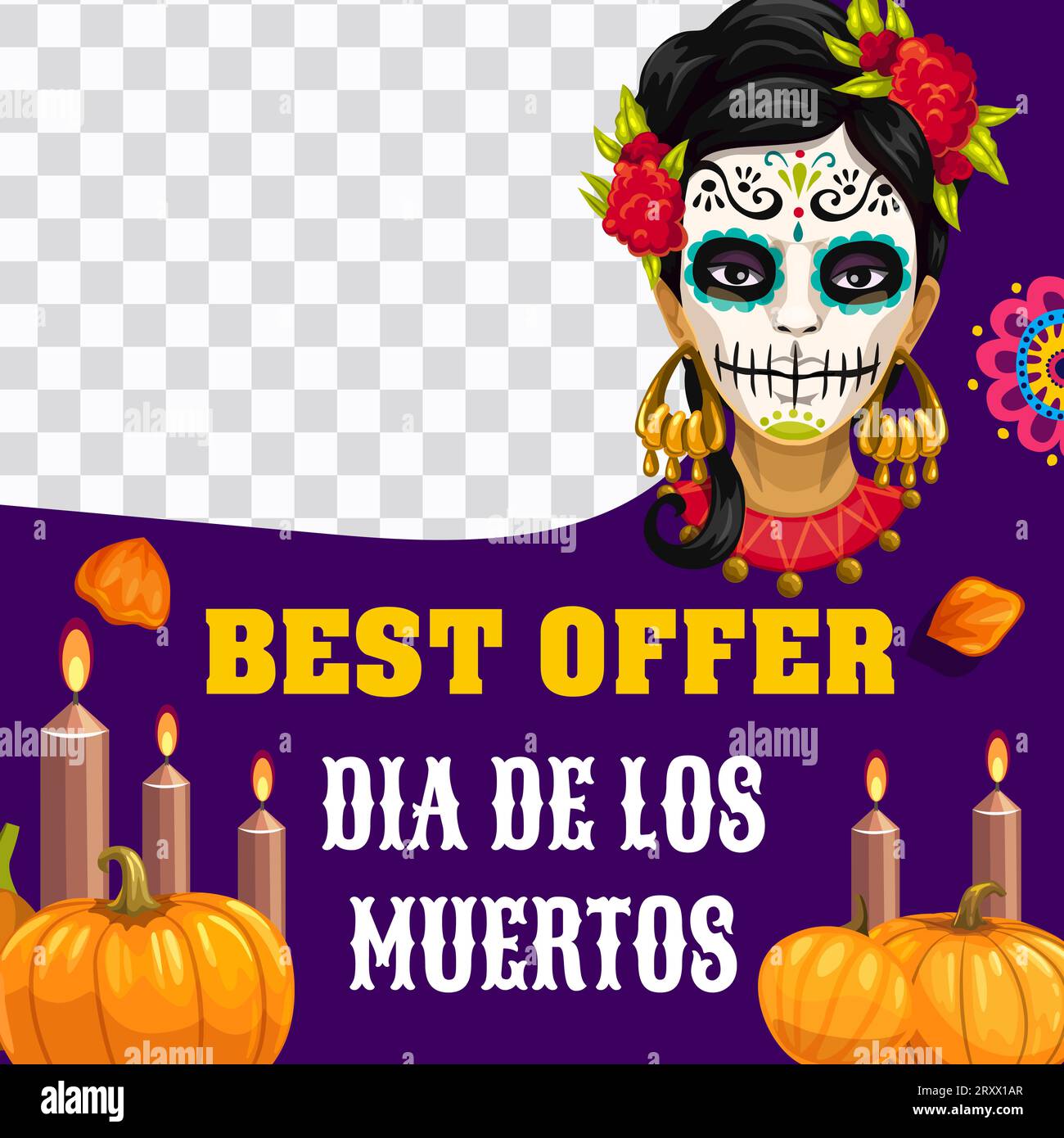 Day of the Dead Dia de Los Muertos Catrina Calavera, offre mexicaine de vente de vacances modèle de vecteur de bannière. Bougies d'autel de dessin animé, citrouilles d'Halloween et fleurs offre spéciale de mise en page des médias sociaux Illustration de Vecteur