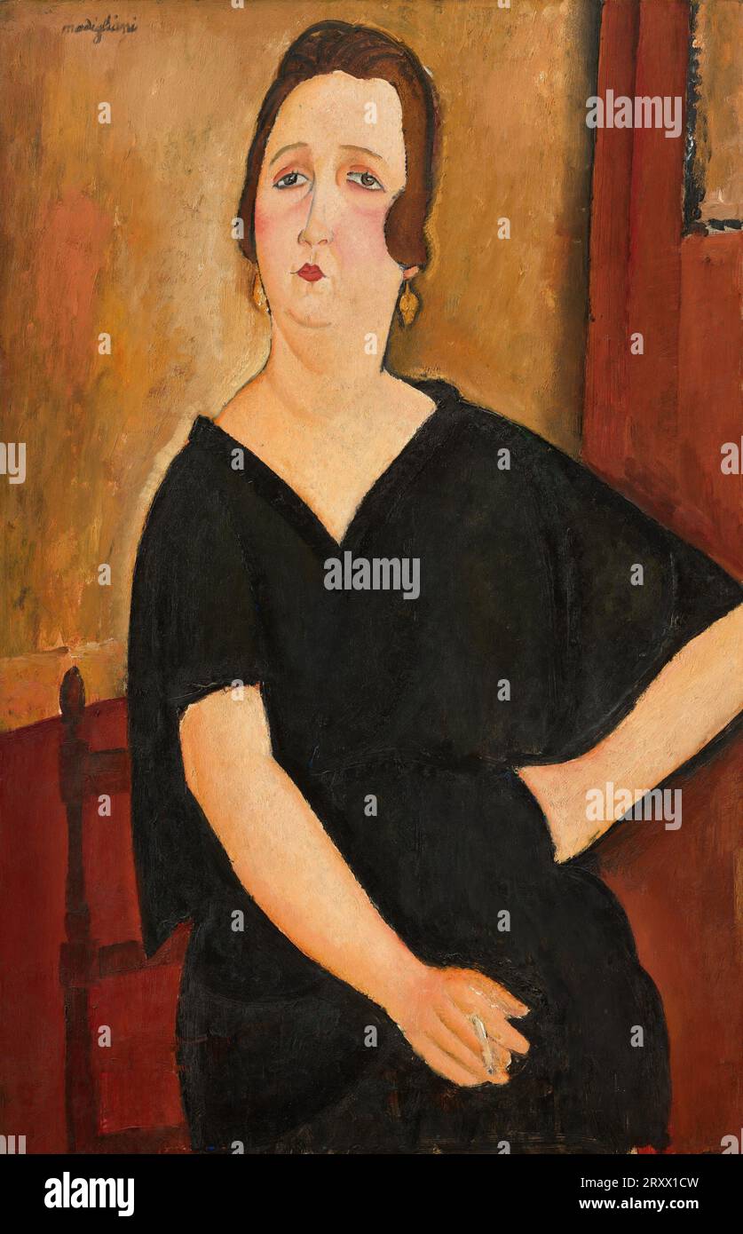 Titre : Madame Amédée (Femme avec cigarette) Créateur : Amedeo Modigliani année : 1918 Dimensions : 100,3 x 64,8 cm moyenne : huile sur toile lieu : National Gallery of Art, Washington, D.C. contenu : 'Madame Amédée (Femme avec cigarette)' est une peinture à l'huile captivante d'Amedeo Modigliani, achevée en 1918. Dans cette œuvre, Modigliani dépeint Madame Amédée, dégageant un air de sophistication et d'intrigue alors qu'elle tient une cigarette. La pièce illustre le style distinctif de l'artiste, caractérisé par des formes allongées et des traits expressifs. L'utilisation par Modigliani de couleurs chaudes et de lignes audacieuses ajoute de la profondeur Banque D'Images