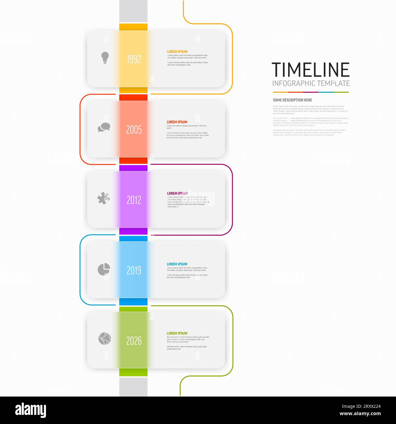 Ligne de temps de couleur de lumière de vecteur avec des icônes dans cinq blocs de rectangle en verre mat semi transparent modèle avec des icônes, des descriptions et arc-en-ciel coloré a Illustration de Vecteur