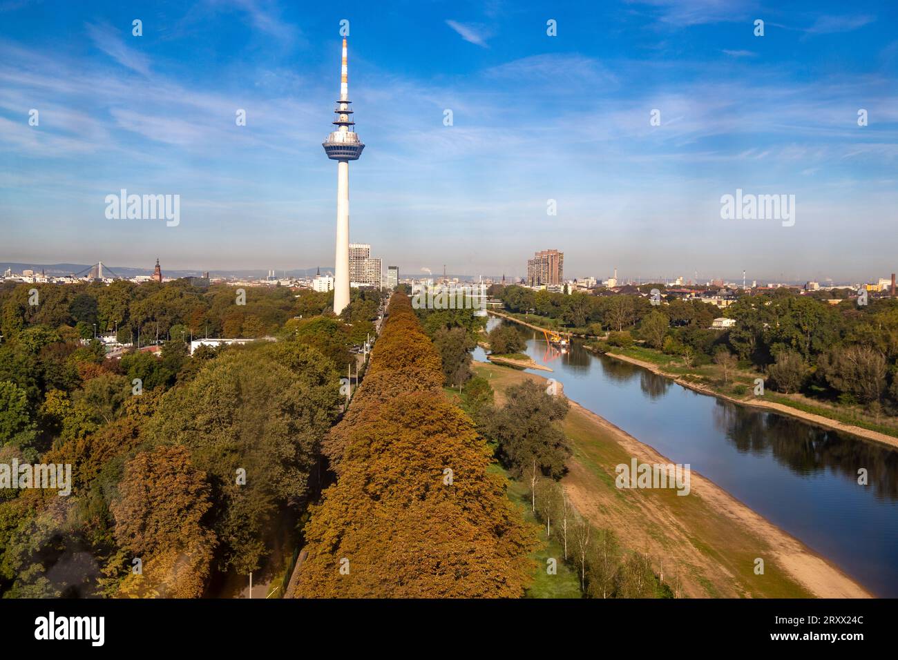 Panorama de Mannheim avec tour de télécommunications et rivière Neckar Banque D'Images