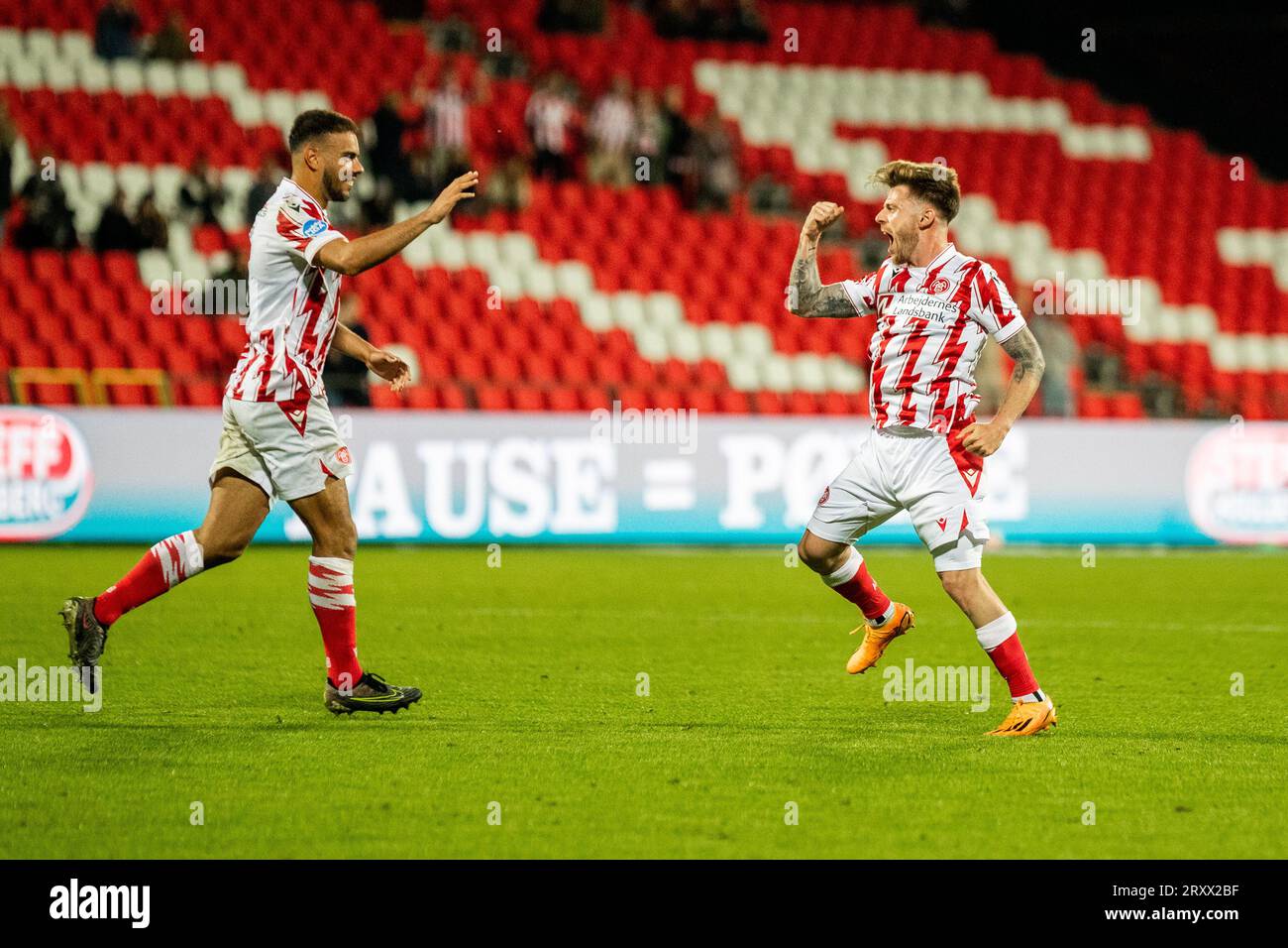 Aalborg, Danemark. 26 septembre 2023. Diego Caballo (15) d'Aalborg BK marque lors du match Oddset Pokalen entre Aalborg BK et FC Fredericia à Aalborg Portland Park à Aalborg. (Crédit photo : Gonzales photo - Balazs Popal). Banque D'Images