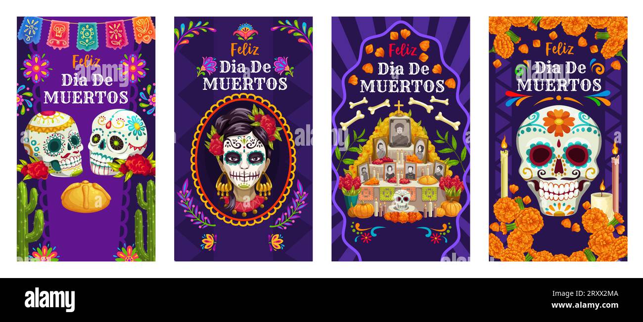 Day of the Dead Dia de Los Muertos bannières mexicaines de médias sociaux de vacances, vecteur Mexique Halloween. Crânes de sucre de bande dessinée, ofrenda autel et Catrina Calavera avec des fleurs de souci, bougies, papel picado Illustration de Vecteur